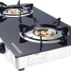 Nobel Gas Stove with Dual Gas Burner, 1 x 90mm Single Burner (3,0kW) + 1 x 90mm Double Burner (3,5kW) with Glass Black Brass Glass Top Auto Ignition Double Burner NGT2111