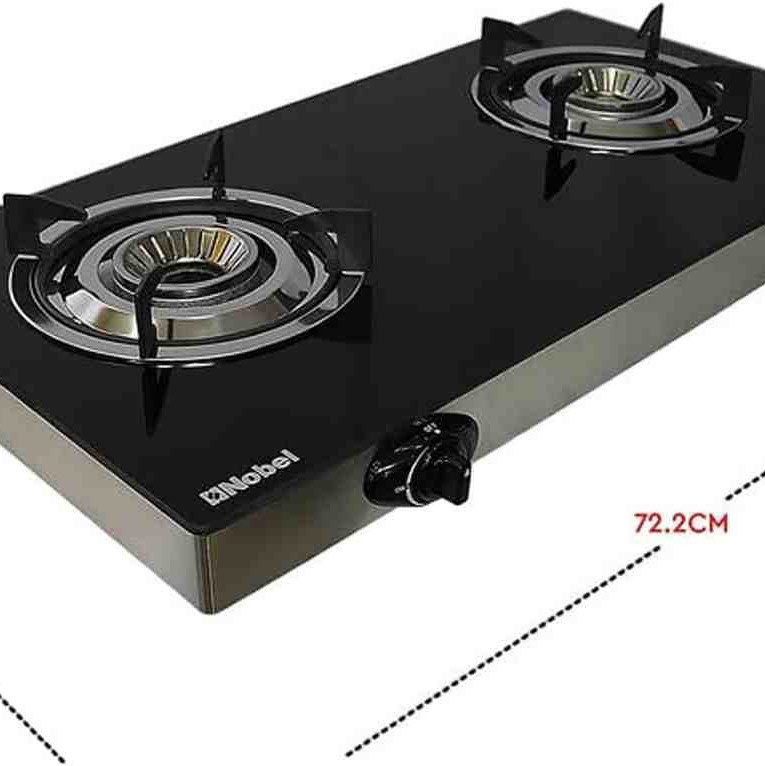 Nobel Gas Stove with Dual Gas Burner, 1 x 90mm Single Burner (3,0kW) + 1 x 90mm Double Burner (3,5kW) with Glass Black Brass Glass Top Auto Ignition Double Burner NGT2111