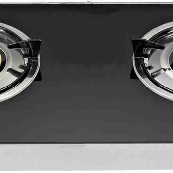 Nobel Gas Stove with Dual Gas Burner, 1 x 90mm Single Burner (3,0kW) + 1 x 90mm Double Burner (3,5kW) with Glass Black Brass Glass Top Auto Ignition Double Burner NGT2111