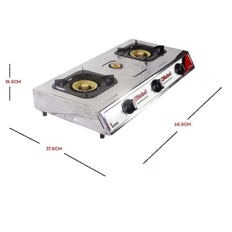 Nobel 3 Gas Burner/3 Brass Burners Gas Stove Cold Steel Paint Finish Look and Piezo Ignition, with 90mm Single Burner, 40mm Single Burner, 90mm Double Brass Cover, NGT3007