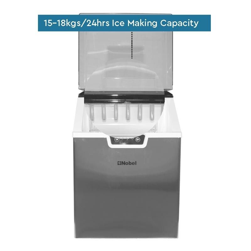 Nobel Ice Cube Maker Stainless Steel 15-18 Kgs 24 Hrs Ice Making Capacity 2.4Kgs Icebin Capacity, 3.2L Water Tank Bullet Ice Shaped Led Indicator NIM24