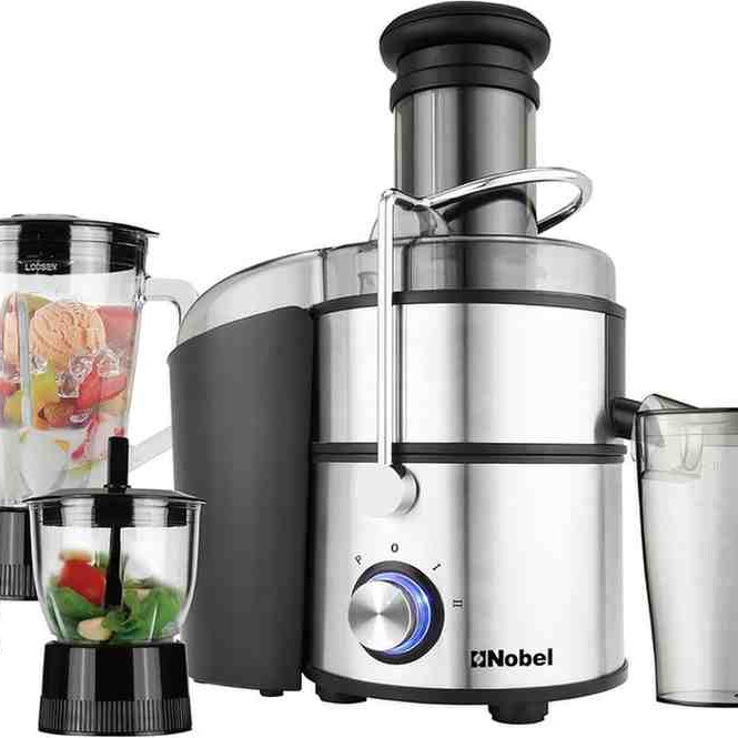Nobel 4 in 1 Juicer Stainless Steel 1.1 Litre Juice Cup, Stainless Steel Strainer Grinder, Chopper, Blender Glass NJE404E