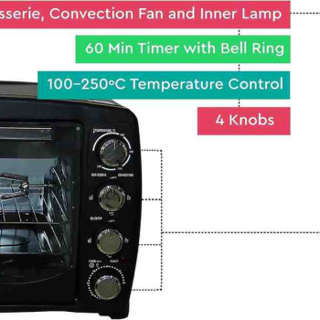 Nobel 45 Litre Electric Oven 60 Minutes Timer with Bell, Rotisserie & Inner Lamp Stainless Steel Handle,  NEO45