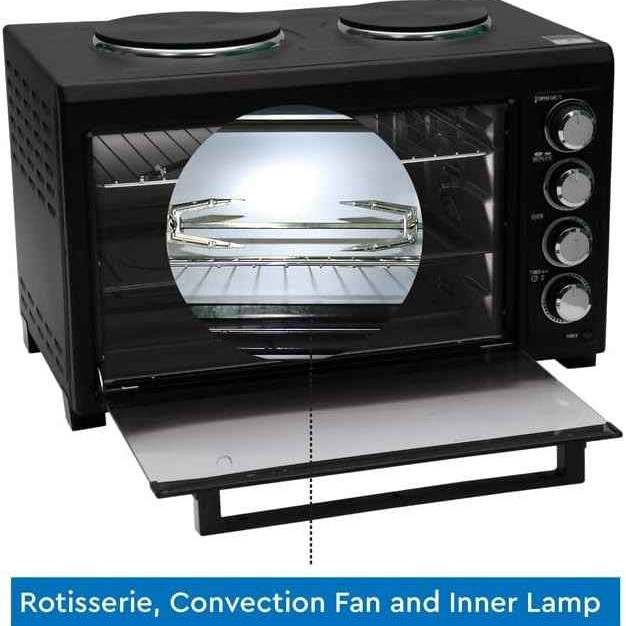 Nobel 45Litres Electric Oven with 2 Hot Plate and 4 Knob Control, Rotisserie Convection Fan & Inner Lamp, Dual Hot Plate on Top NEO50HP