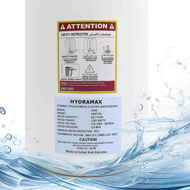 Hydramax Home Vertical Electric Water Heater 80L Inner Tank Design Italian Heating Element & Safety for Kitchen & Washroom Energy Efficient, White